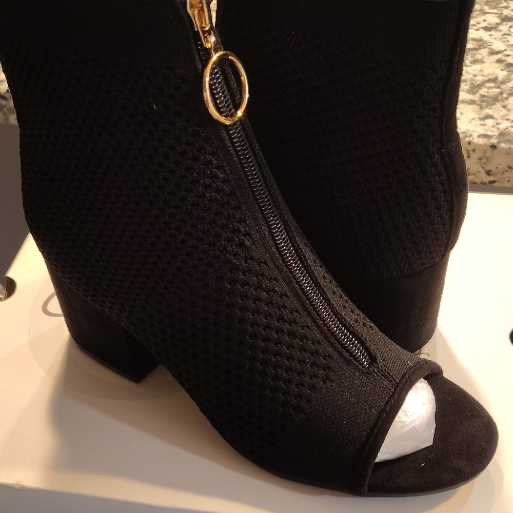 Cato Black Peep-Toe Heeled Boots with Gold Accent